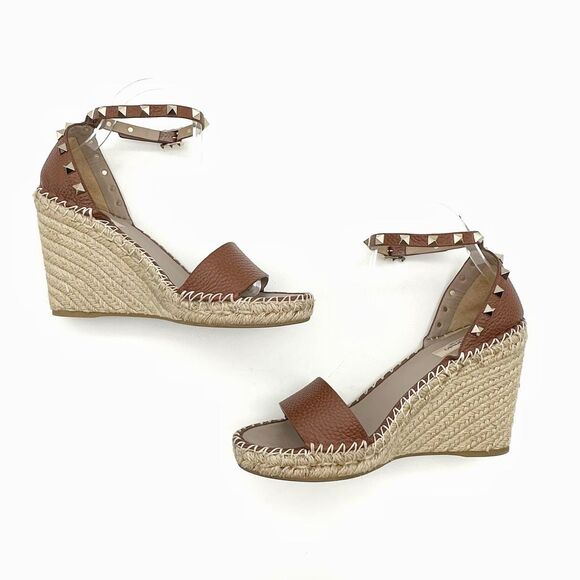 VALENTINO Brown Rockstud Espadrille Wedge Heels Size 40 Peep Sandal Ankle Strap - Picture 4 of 14